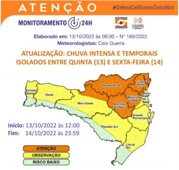 Mapa de monitoramento de Santa Catarina aponta áreas de potenciais riscos.