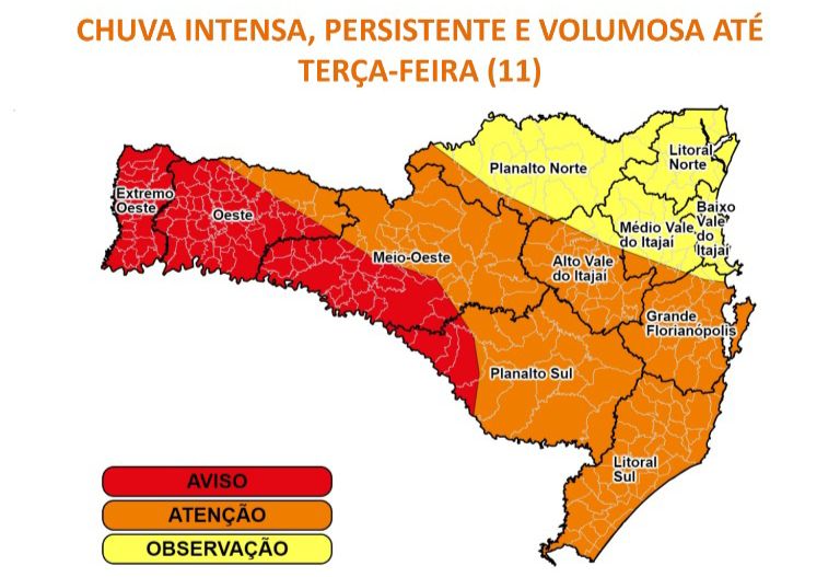 Chuvas volumosas são esperadas em Santa Catarina nesta segunda (10) e terça-feira (11) &#8211; Foto: Defesa Civil/Divulgação/ND