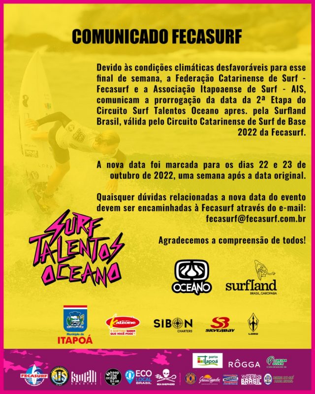 Comunicado divulgado pela Fecasurf, AIS e organiza&ccedil;&atilde;o do Surf Talentos sobre a mudan&ccedil;a de data – Foto: divulga&ccedil;&atilde;o FECASURF/AIS