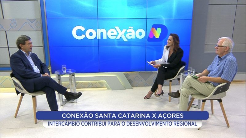 M&aacute;rcia Dutra conversa com o Dr. M&aacute;rio Fortuna, pres. da C&acirc;mara de Com&eacute;rcio e Ind&uacute;stria de Ponta Delgada, em A&ccedil;ores – Foto: Divulga&ccedil;&atilde;o/NDTV