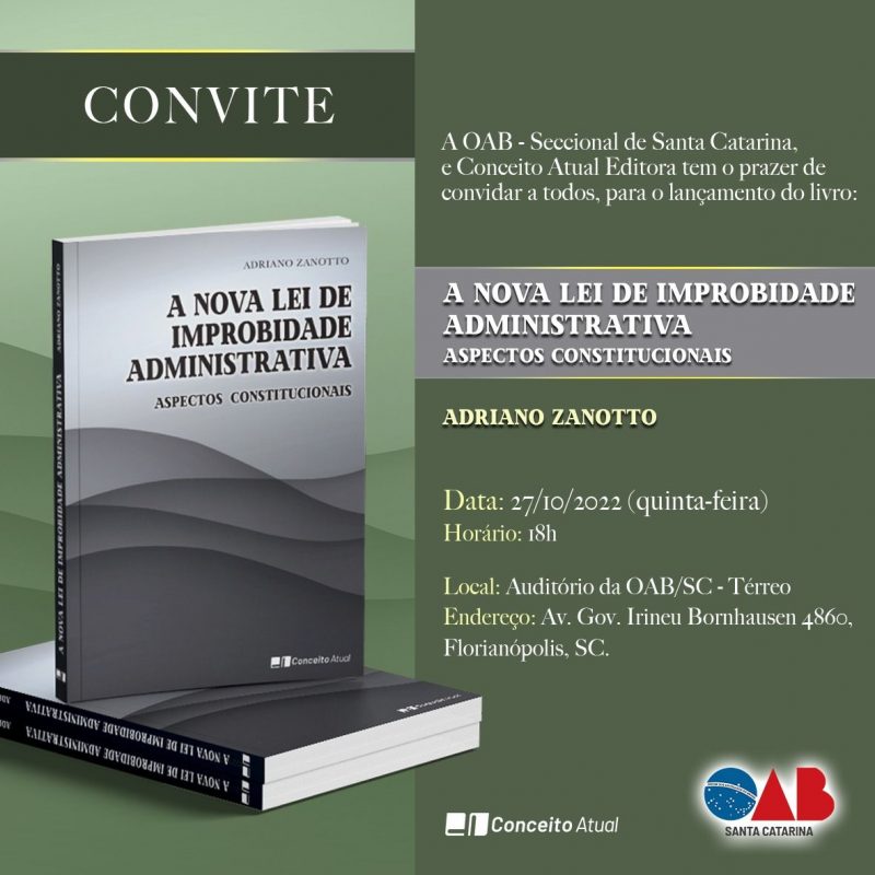 Convite de lan&ccedil;amento da obra de Adriano Zanotto – Foto: OAB-SC