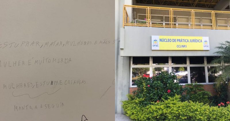 Picha&ccedil;&otilde;es foram encontradas no banheiro do CCJ – Foto: Reprodu&ccedil;&atilde;o/Internet + Divulga&ccedil;&atilde;o/UFSC/ND