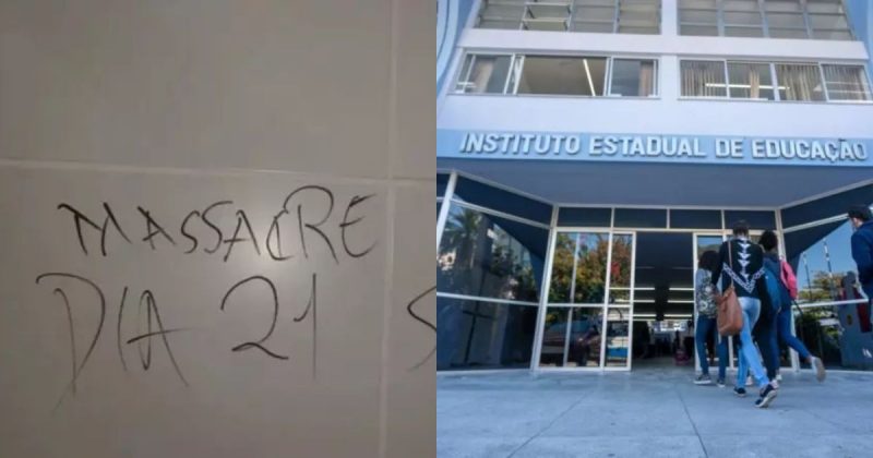 Amea&ccedil;a deixada em parede de banheiro do Instituto Estadual de Educa&ccedil;&atilde;o – Foto: Redes Sociais/Reprodu&ccedil;&atilde;o/Ricardo Wolffenb&uuml;ttel/Secom