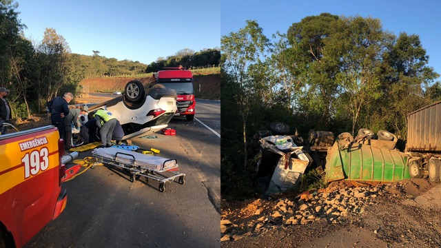 O idoso ficou ferido ap&oacute;s a colis&atilde;o, ele conduzia um carro com placas de Chapec&oacute;. &mdash; Foto: Corpo de Bombeiros/ND