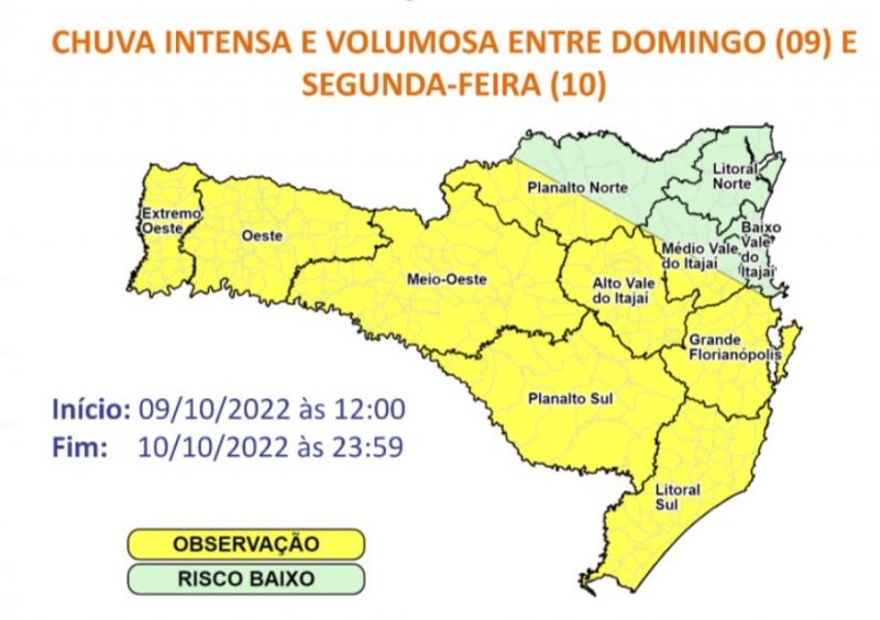 As chuvas devem atingir Santa Catarina entre o domingo (9) e a segunda-feira (10). – Foto: Defesa Civil/Reprodu&ccedil;&atilde;o/ND