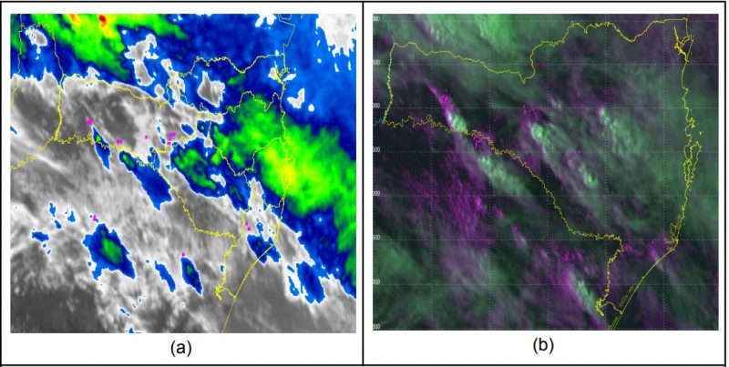 Imagens do sat&eacute;lite GOES-16, no dia 13 de outubro de 2022 &agrave;s 16h40. Em (a) infravermelho real&ccedil;ado com topo de nuvem em torno de -50 &deg;C; em (b) Composi&ccedil;&atilde;o RGB paradetec&ccedil;&atilde;o de nuvens convectivas. &mdash; Foto: Defesa Civil/ND