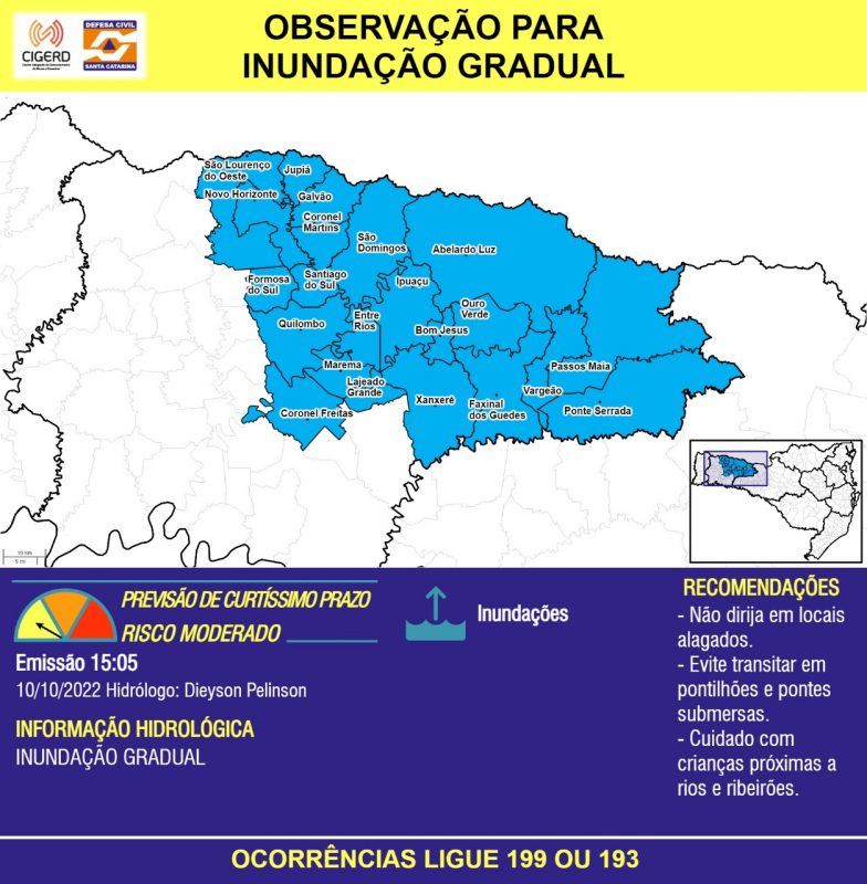 Risco de inunda&ccedil;&atilde;o em munic&iacute;pios da regi&atilde;o Oeste. – Foto: Defesa Civil/Divulga&ccedil;&atilde;o/ND
