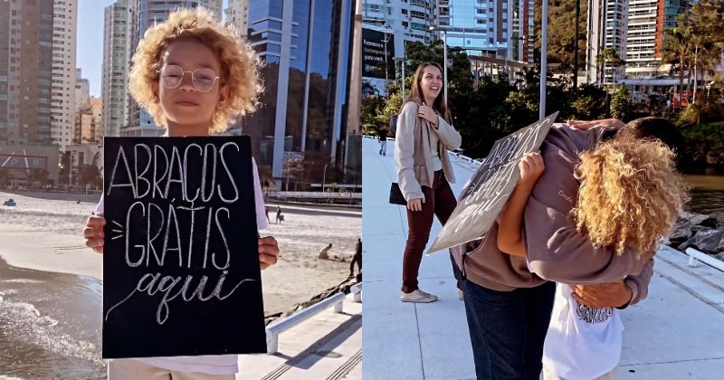 Menino viralizou nas redes ao oferecer “abra&ccedil;os gr&aacute;tis” – Foto: Reprodu&ccedil;&atilde;o/Internet