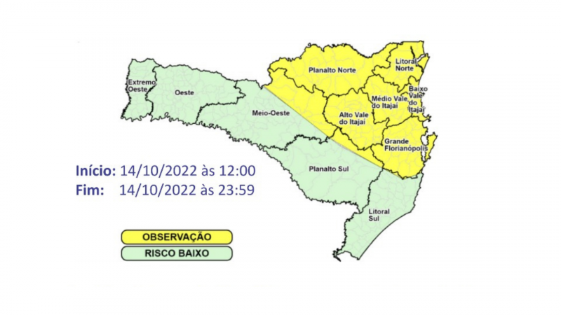 As &aacute;reas em amarelo se encontram em observa&ccedil;&atilde;o enquanto a zona verde corresponde a risco baixo. – Foto: Foto: Foto: Defesa Civil/Divulga&ccedil;&atilde;o/ND