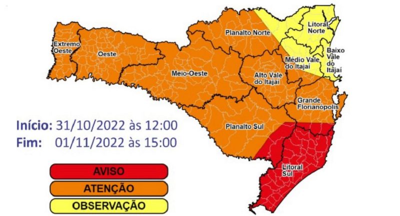 Mapa de Santa Catarina nesta segunda (31) e terça (1º) &#8211; Foto: Divulgação/ Defesa Civil SC