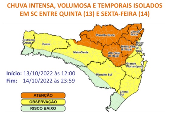 Regiões estão em estado de atenção e com risco alto para ocorrências relacionadas à chuva &#8211; Foto: Divulgação/Defesa Civil SC/ND