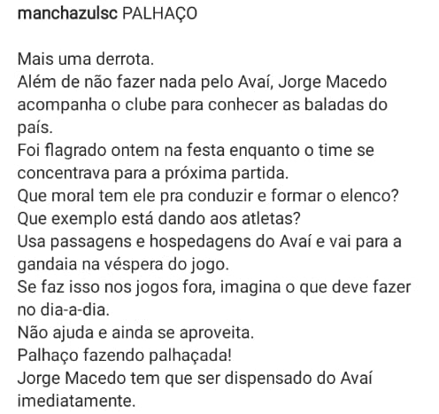 Mensagem da Mancha Azul sobre a suposta participa&ccedil;&atilde;o do Jorge Macedo numa balada em Fortaleza – Foto: TMA/Divulga&ccedil;&atilde;o