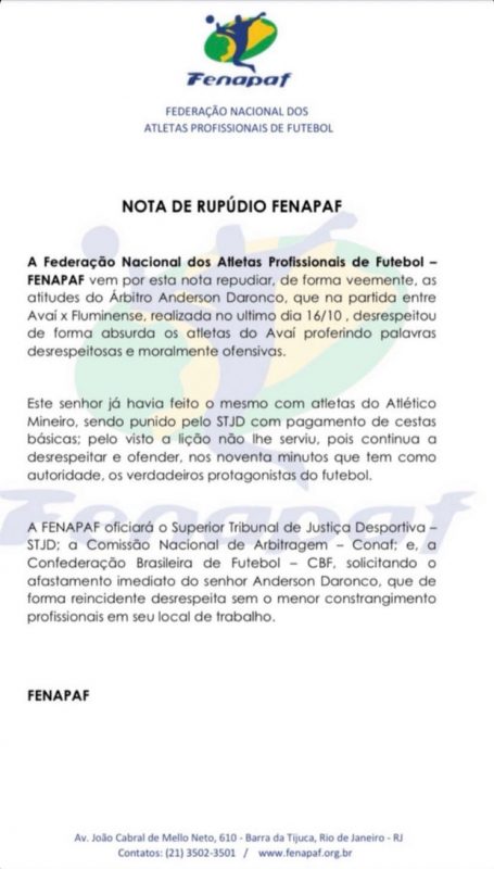 Sil&ecirc;ncio da diretoria do Ava&iacute; quanto ao caso denunciado pelo Raniele – Foto: Fenapaf/divulga&ccedil;&atilde;o/ND