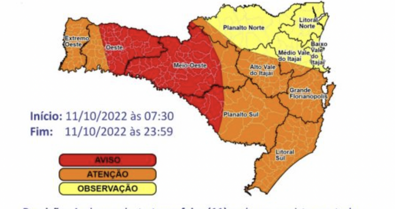 Regiões do Meio-Oeste, Oeste, e Planalto Sul estão em alerta máximo- Foto: Defesa Civil/Divulgação/ND