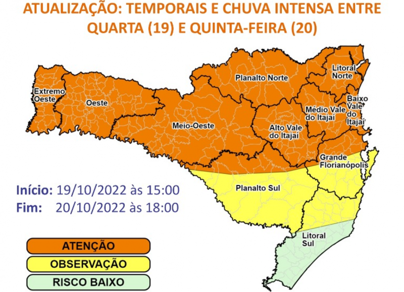 Regi&otilde;es em laranja tem risco alto para alagamentos, enxurradas e deslizamentos – Foto: DCSC/Divulga&ccedil;&atilde;o/ND
