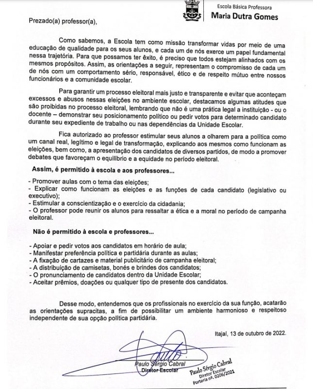 Ap&oacute;s a repercuss&atilde;o negativa do caso, diretor repassou orienta&ccedil;&otilde;es aos professores – Foto: Reprodu&ccedil;&atilde;o/ND