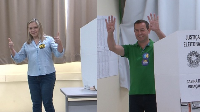 Eron Giordani e Ana Lucia Meotti, candidatos a vice-governador, votam em Chapec&oacute;. – Foto: Reprodu&ccedil;&atilde;o/NDTV