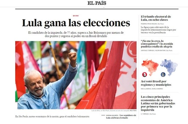Os principais jornais do mundo destacaram, como manchete em suas p&aacute;ginas, o resultado da elei&ccedil;&atilde;o presidencial no Brasil. O peri&oacute;dico espanhol El Pa&iacute;s abordou a vit&oacute;ria apertada de Lula e disse que o pa&iacute;s est&aacute; dividido. ‘O candidato da esquerda, de 77 anos, superou Jair Bolsonaro por menos de dois pontos e voltar&aacute; ao poder em um Brasil dividido’, disse em sua reportagem principal – Foto: Reprodu&ccedil;&atilde;o