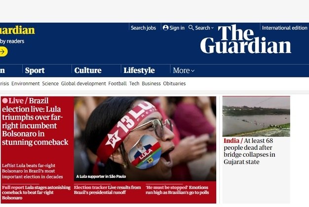 O ingl&ecirc;s The Guardian afirmou que Lula ‘triunfou’ sobre o representante da extrema direita, em um ‘retorno impressionante’. O peri&oacute;dico trouxe em destaque uma galeria de fotos com cenas de lulistas comemorando e de bolsonaristas lamentando a derrota – Foto: Reprodu&ccedil;&atilde;o