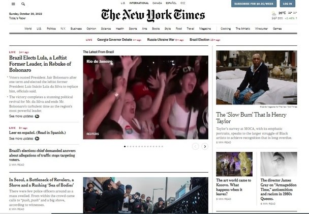 O jornal The New York Times publicou em sua homepage v&iacute;deos que mostram f&atilde;s de Lula ao celebrar o resultado da elei&ccedil;&atilde;o. E destacou que o petista obteve um “renascimento pol&iacute;tico impressionante” com a vit&oacute;ria nas elei&ccedil;&otilde;es de 2022 – Foto: Reprodu&ccedil;&atilde;o