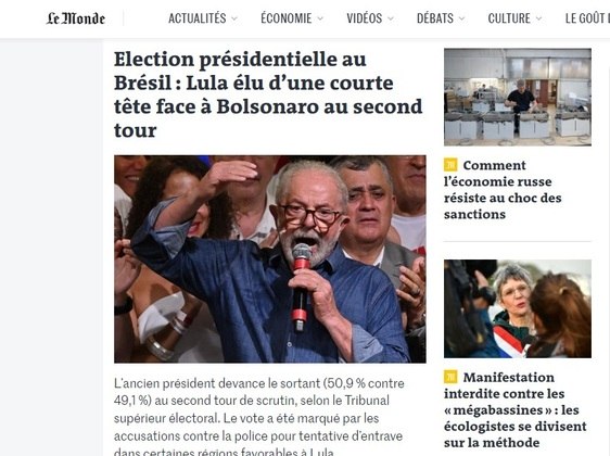 O franc&ecirc;s Le Monde abordou a vit&oacute;ria apertada e foi um dos &uacute;nicos jornais internacionais de grande porte a destacar a a&ccedil;&atilde;o da (PRF) Pol&iacute;cia Rodovi&aacute;ria Federal de fazer blitze em regi&otilde;es em que o PT tem mais votos &mdash; tema que produziu ataques por parte do partido de Lula durante o dia – Foto: Reprodu&ccedil;&atilde;o