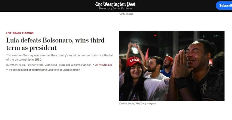 O Washington Post foi um dos poucos grandes jornais internacionais que n&atilde;o abordaram em sua manchete o resultado eleitoral no Brasil. O ve&iacute;culo deu mais destaque &agrave; trag&eacute;dia que deixou 153 mortos durante um evento na Coreia do Sul. A elei&ccedil;&atilde;o brasileira foi o terceiro assunto em ordem de hierarquia, e o peri&oacute;dico comentou a tarefa que Luiz In&aacute;cio Lula da Silva ter&aacute; de proteger a Amaz&ocirc;nia – Foto: Reprodu&ccedil;&atilde;o