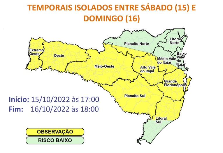 SC tem previs&atilde;o de chuva intensa em curto intervalo de tempo, raios, eventual queda de granizo e rajadas de ventos – Foto: DCSC/Divulga&ccedil;&atilde;o/ND