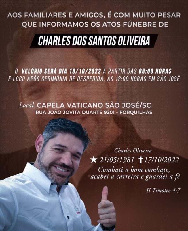 Vel&oacute;rio de Charles ocorrer&aacute; na manh&atilde; desta ter&ccedil;a-feira (18), em S&atilde;o Jos&eacute; – Foto: Arquivo pessoal/Reprodu&ccedil;&atilde;o/ND