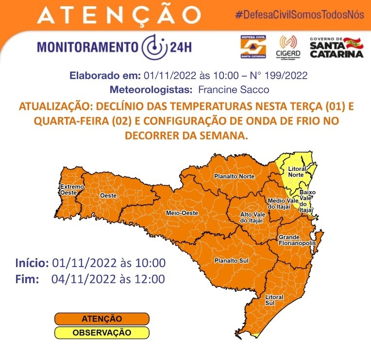 A madrugada de quarta-feira (2), indica que teremos um feriado com temperaturas ainda mais baixas que registradas nesta ter&ccedil;a. – Foto: Defesa Civil/Divulga&ccedil;&atilde;o/ND