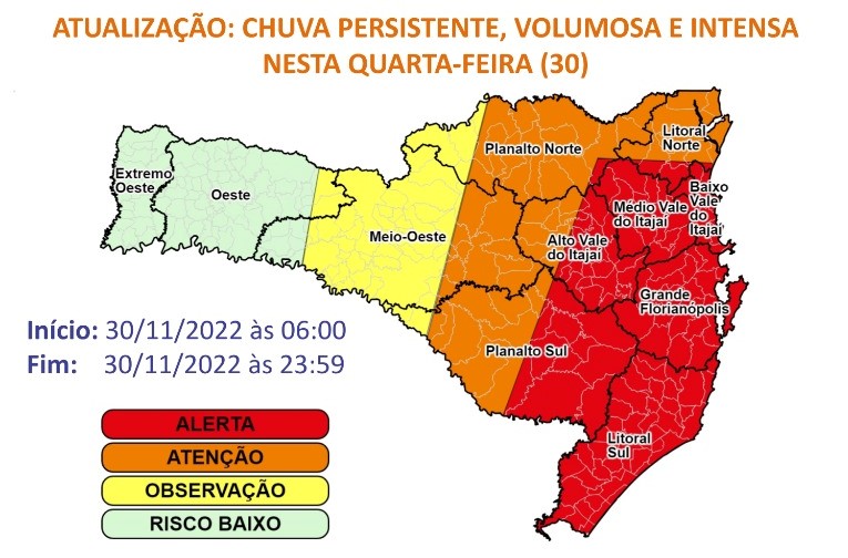 Nas &aacute;reas em vermelho do mapa, os acumulados de chuvas previstos variam entre 70 e 150 mm, podendo chegar a 200 mm na Grande Florian&oacute;polis. – Foto: Defesa Civil/Divulga&ccedil;&atilde;o/ND