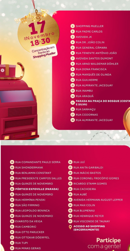 parada do natal onde o papai noel vai passar em joinville