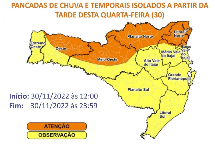 Defesa Civil, informa a possibilidade de ocorr&ecirc;ncias temporais com descargas el&eacute;tricas, rajadas de vento e eventual queda de granizo a partir da tarde desta quarta-feira. – Foto: Defesa Civil/Divulga&ccedil;&atilde;o/ND