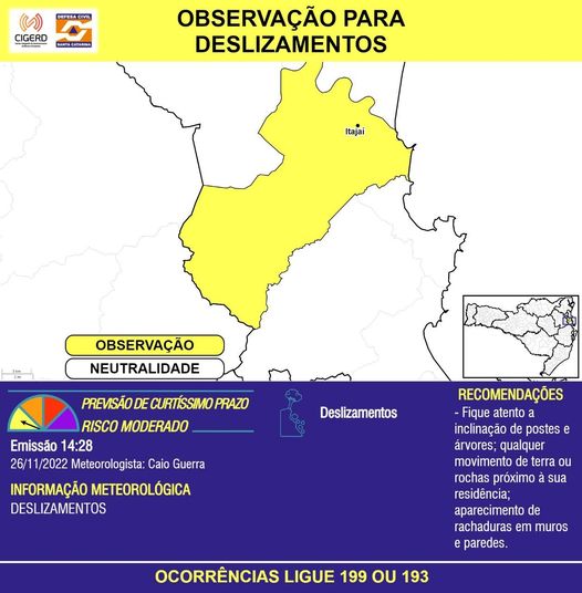 Alerta foi emitido no in&iacute;cio da tarde. – Foto: Defesa Civil