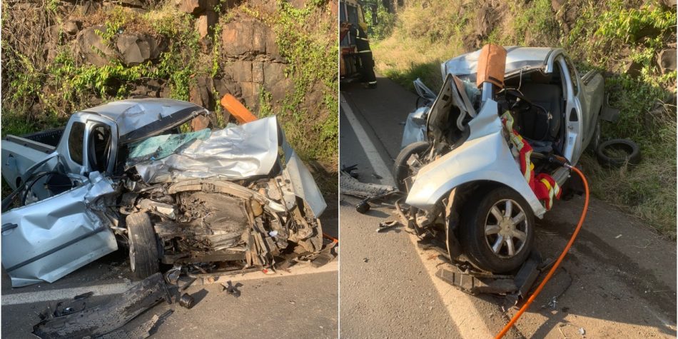 Colisão deixa veículo retorcido e motorista ferido na BR-282