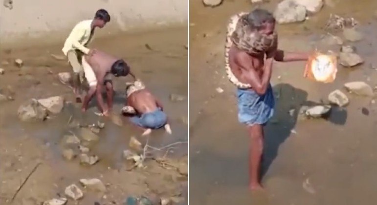 O homem quase foi sufocado pela cobra p&iacute;ton – Foto: @LIVE_HINDUSTAN/Reprodu&ccedil;&atilde;o/ND