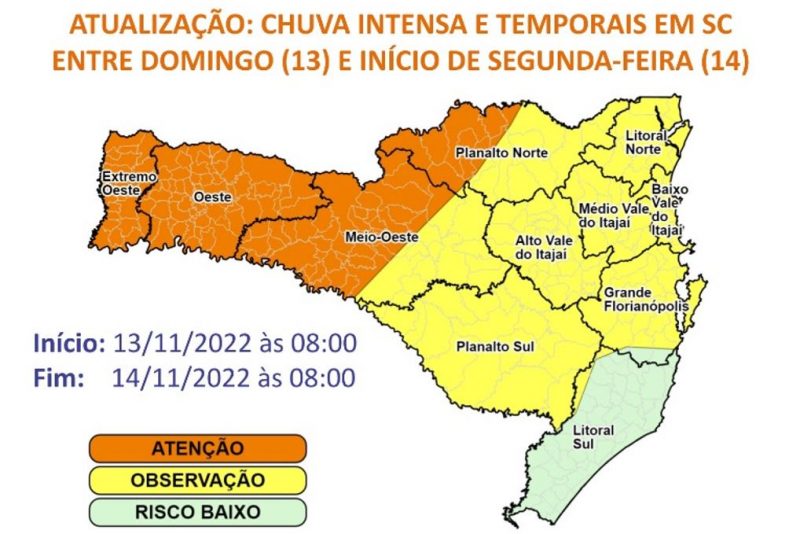 Imagem mostra regiões em laranja com chance alta de chuva, amarelo e verde na região do litoral Sul de Santa Catarina