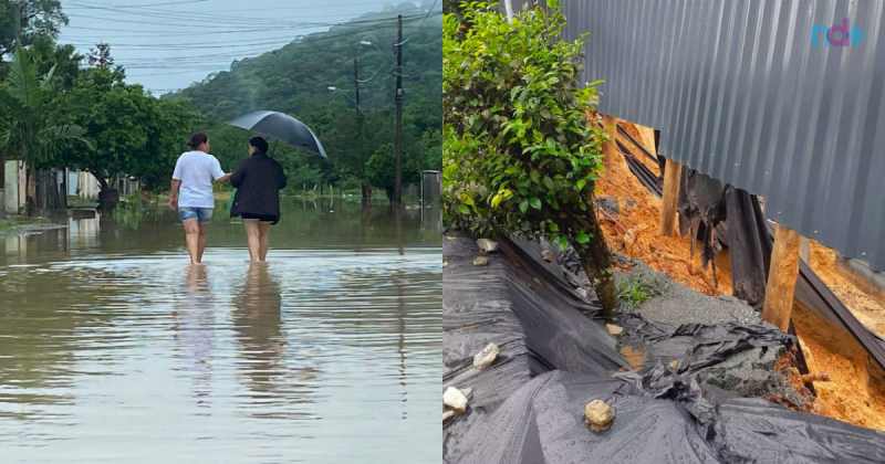 A chuva do final de semana causou estragos em boa parte de Santa Catarina. Na primeira imagem, alagamento em Joinville, no Norte do Estado; na segunda foto, ocorr&ecirc;ncia em Blumenau, no Vale do Itaja&iacute; – Foto: Ricardo Alves e Redes Sociais/Montagem/ND