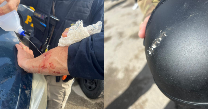 Policiais da PRF s&atilde;o agredidos por manifestantes ap&oacute;s libera&ccedil;&atilde;o da pista no Alto Vale – Foto: Reprodu&ccedil;&atilde;o/PRF/ND