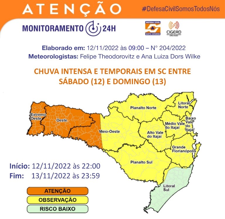O alerta de temporais &eacute; maior para as &aacute;reas em laranja no mapa. – Foto: Defesa Civil/Divulga&ccedil;&atilde;o/ND