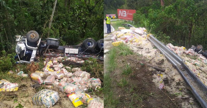 O caminh&atilde;o capotou em uma ribanceira da rodovia Dep. Gentil Battisti Archer – Foto: CBMSC/Reprodu&ccedil;&atilde;o/ND
