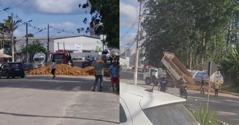 Manifestantes promoveram bloqueio de rua que leva &agrave; base de combust&iacute;vel – Foto: Reprodu&ccedil;&atilde;o/PM/ND