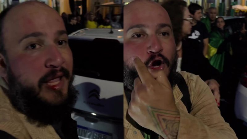 Fot&oacute;grafo &eacute; agredido por manifestantes em frente ao Mercado P&uacute;blico de Itaja&iacute; – Foto: Via @lenon.cesar/Reprodu&ccedil;&atilde;o/ND