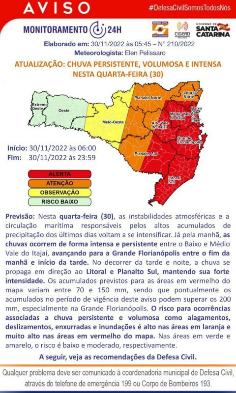 Brusque se encontra na &aacute;rea vermelha do mapa – Foto: Secom Brusque/Reprodu&ccedil;&atilde;o