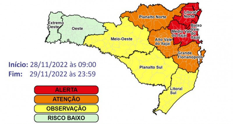 Mapa da Defesa Civil mostra alerta por regi&atilde;o de SC – Foto: Defesa Civil SC/Divulga&ccedil;&atilde;o/ND