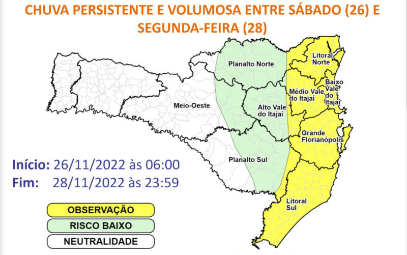 Mapa mostra n&iacute;veis de risco no Estado – Foto: Defesa Civil SC/Divulga&ccedil;&atilde;o/ND