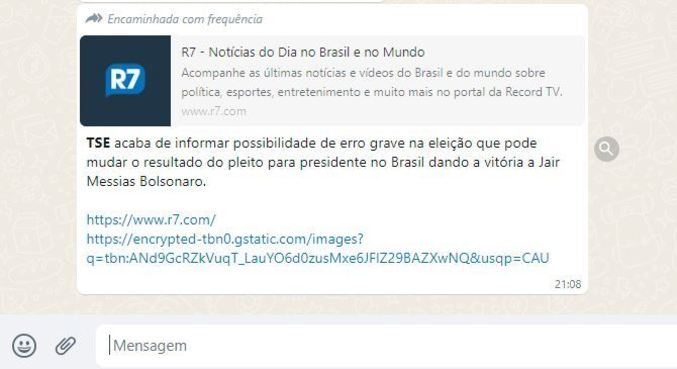 Link do R7 que fala sobre erro em elei&ccedil;&atilde;o &eacute; falso – Foto: Reprodu&ccedil;&atilde;o/ND