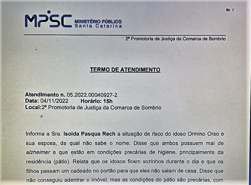 A den&uacute;ncia do caso em Balne&aacute;rio Gaivota foi apresentada ao Minist&eacute;rio P&uacute;blico – Foto: Documento MP