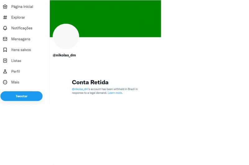 A conta de Nikolas Ferreira no Twitter: retida – Foto: Reprodu&ccedil;&atilde;o