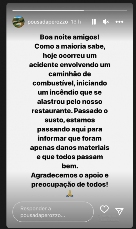 Inc&ecirc;ndio se alastrou pelo restaurante do local – Foto: Instagram @pousadaperozzo/Reprodu&ccedil;&atilde;o/ND