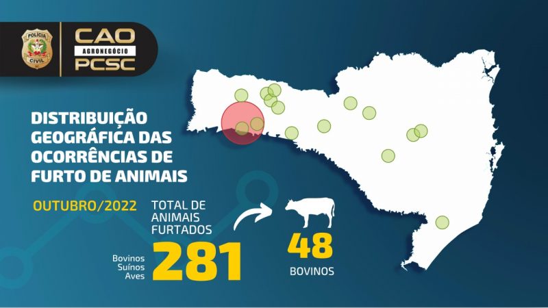 Mapa com a distribui&ccedil;&atilde;o de furtos de animais em outubro – Foto: Divulga&ccedil;&atilde;o/ Pol&iacute;cia Civil SC
